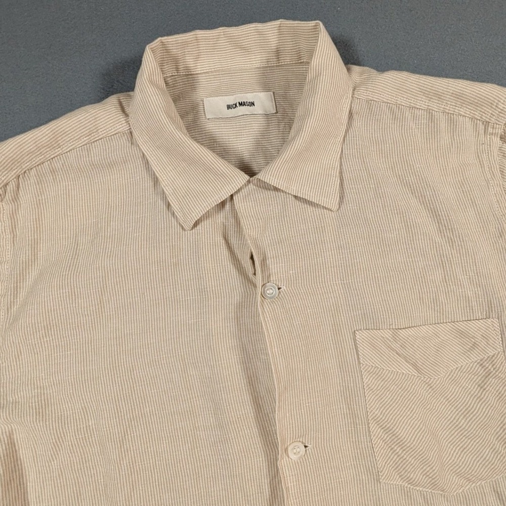 Buck Mason Short Sleeve Camp Shirt Mens Medium Micro Stripe Linen Cotton